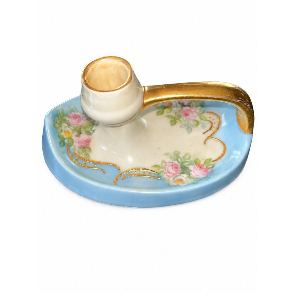 Vintage Porcelain Chamberstick Candle Holder Blue Floral Gold Gilt Finger Handle